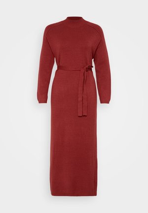 Red, long-sleeved knit dress with a high neck and belted waist. Features a straight cut and ribbed cuffs, made from soft fabric.