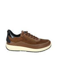 Brown leather sneaker with a smooth texture, black patent accents, and a cushioned off-white sole. Features lace-up design and stitching details.
