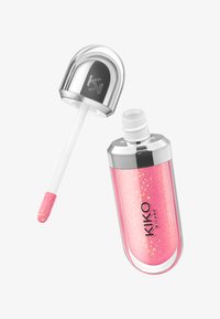 Glossy pink glitter lip gloss with silver cap and applicator wand, branded "KIKO MILANO" on clear container.
