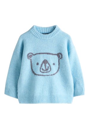 Lyseblå børnesweater med ribbet krave, manchetter og kant, med et enkelt bjørneansigt i mørkere blå på forsiden.