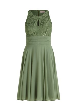 Zielona sukienka z koronkowym gorsetem z dekoltem w kształcie łezki, dopasowaną talią i zwiewną spódnicą wykonaną z gładkiego materiału.