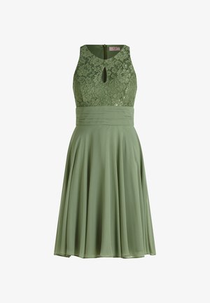 Zielona sukienka z koronkowym gorsetem z dekoltem w kształcie łezki, dopasowaną talią i zwiewną spódnicą wykonaną z gładkiego materiału.