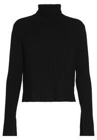 Sort cropped rullekrave sweater med ribbet tekstur og lange ærmer. Har en høj krave og en tætsiddende silhuet.