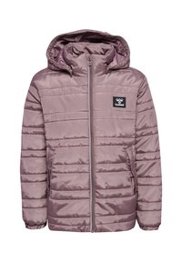 Gevoerde jas in mauve met een afneembare capuchon, horizontaal gestikt ontwerp, frontale ritssluiting en zijzakken. Bevat logo patch.