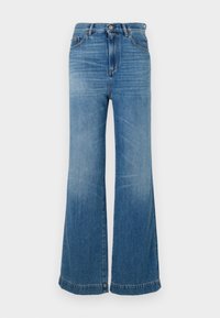 Lichtblauwe flared jeans van denim, met een hoge taille, vijf-pocket ontwerp, en ton-sur-ton stiksels met een rauwe zoom.