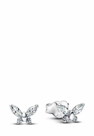 Boucles d'oreilles puces en argent en forme de papillon avec des cristaux ronds et marquises transparents sur un fond blanc.