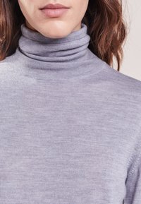 Hellgrauer Rollkragenpullover aus einem weichen, feinen Strickstoff. Verfügt über einen engen, gerollten Kragen und eine glatte Textur mit dezenten Farbvariationen.
