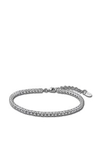 Bracelet argenté avec des maillons carrés ornés d'une rangée de cristaux clairs et scintillants. Équipé d'un fermoir et d'une chaîne réglable.