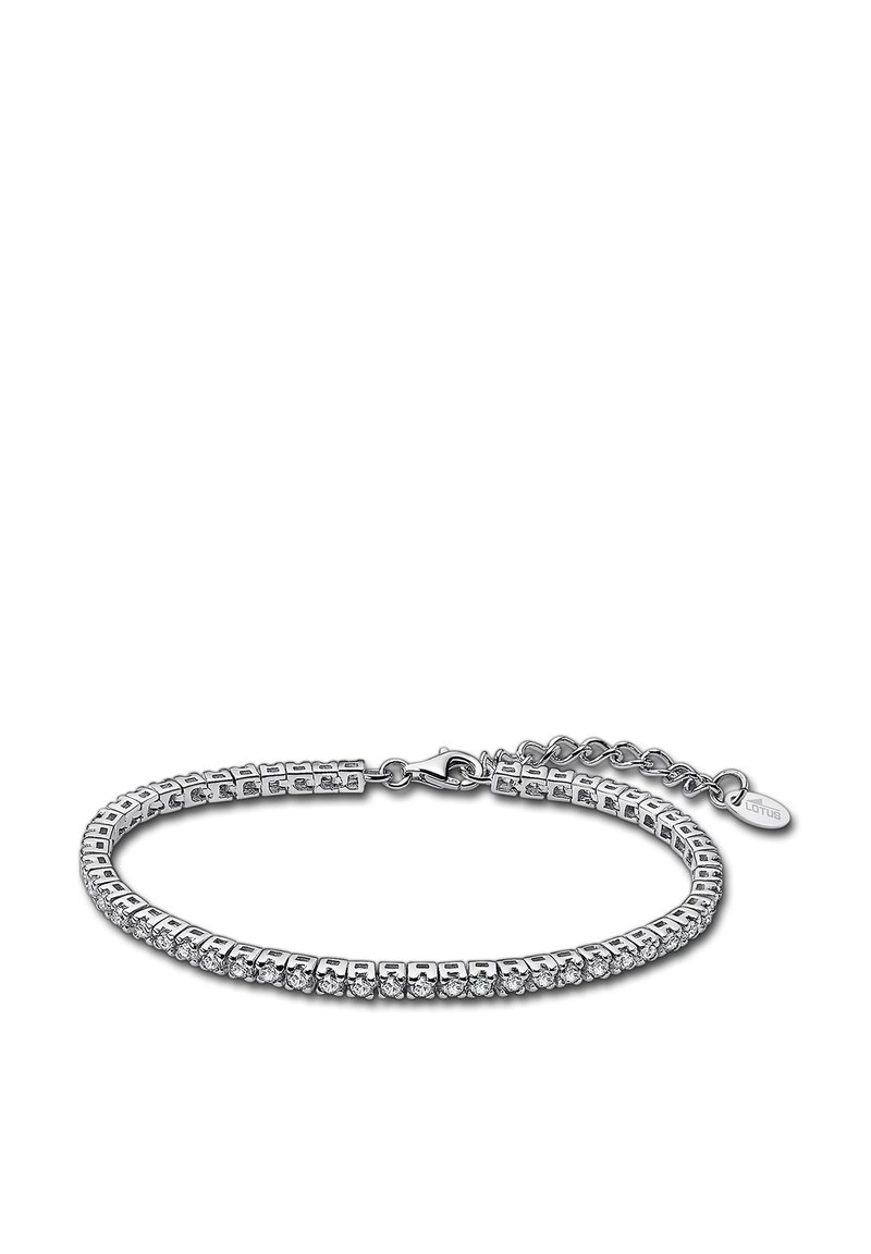 Bracelet argenté avec des maillons carrés ornés d'une rangée de cristaux clairs et scintillants. Équipé d'un fermoir et d'une chaîne réglable.