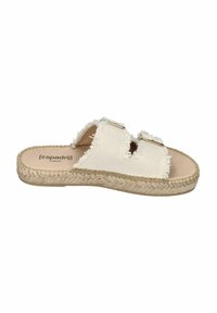 White canvas slip-on sandal with frayed edges, braided jute sole, and two wide straps. Flat design, casual look with minimal hardware.