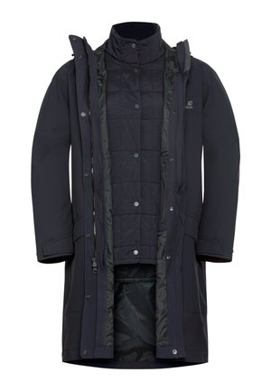 Long manteau imperméable bleu marine foncé avec fermeture éclair et boutons, doté d'une doublure matelassée, d'une capuche ajustable et de deux poches latérales.