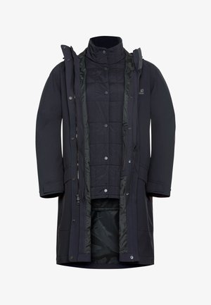 Cappotto lungo impermeabile di un blu navy scuro con zip e chiusura a bottone, dotato di una fodera interna trapuntata, cappuccio regolabile e due tasche laterali.