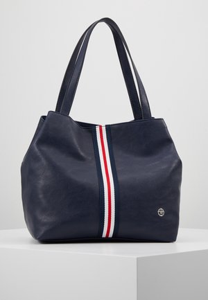 Navyblauwe leren draagtas met dubbele schouderbanden en een verticale rood-wit-blauw gestreepte stofdetail in het midden aan de voorkant.