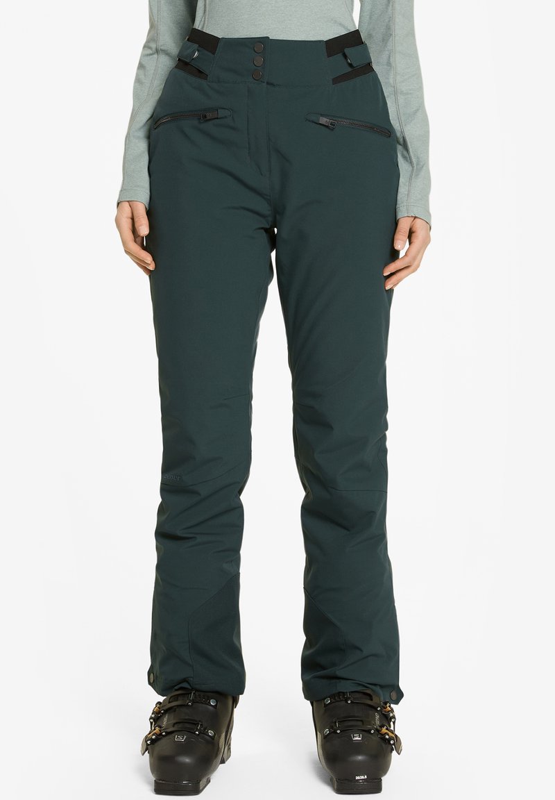 Pantalones de esquí verde oscuro con una cintura alta, bolsillos con cremallera en la parte delantera y una textura lisa y suave. Incluye tirantes ajustables para un ajuste seguro.