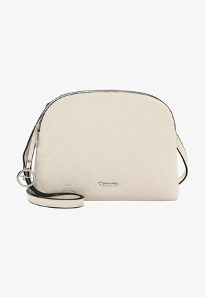 Crèmekleurige doorgestikte crossbodytas met een rits aan de bovenkant, een dunne band en een klein zilveren merklogo aan de voorkant.
