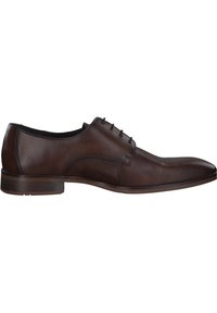 Brown leather dress shoe with a smooth finish, elongated shape, five eylets, and a ribbed toe cap design. Flat, sturdy heel.