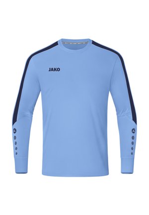 Helles blaues Langarmhemd mit dunkelblauen Seitenstreifen. Mit Rundhalsausschnitt, 'JAKO'-Logo und Knopfdetails an den Ärmeln.