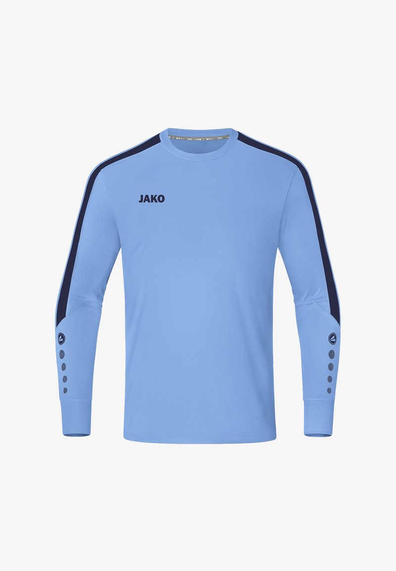 Chemise à manches longues bleu clair avec des rayures latérales bleu foncé. Présente un col rond, le logo 'JAKO' et des accents de boutons sur les manches.