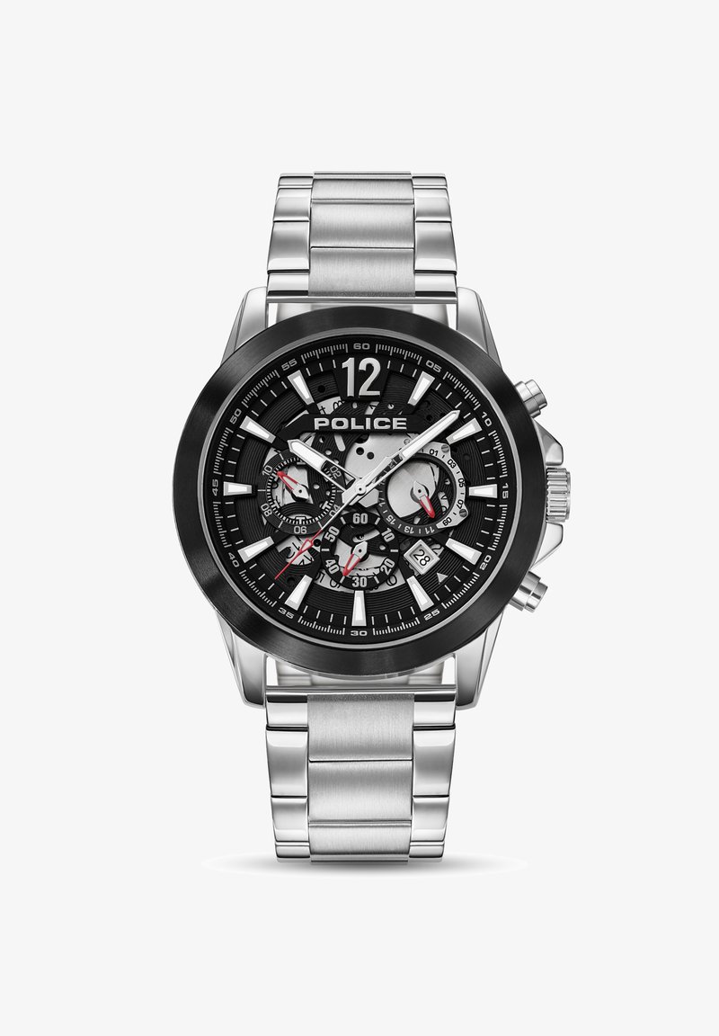 Montre chronographe noire avec un bracelet en acier inoxydable argenté. Elle présente un cadran noir, des index blancs, des accents rouges et un affichage de la date.