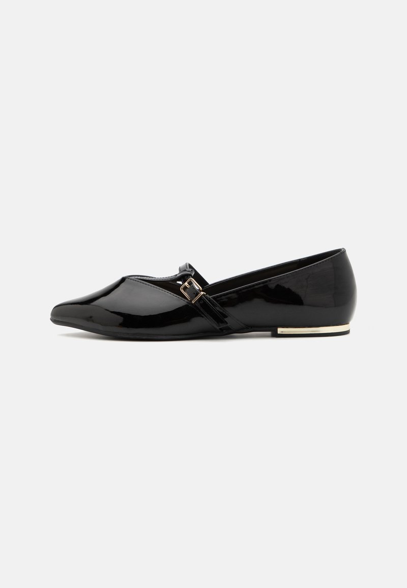 Black patent leather ballet flats with a pointed toe, a strap featuring a gold-tone buckle, and a small metallic heel accent.