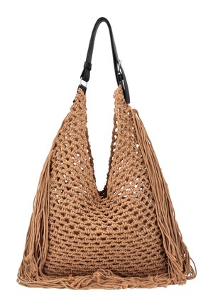 Brun strikket skuldertaske med lange frynser på siderne og justerbar sort læderrem, vist mod hvid baggrund.