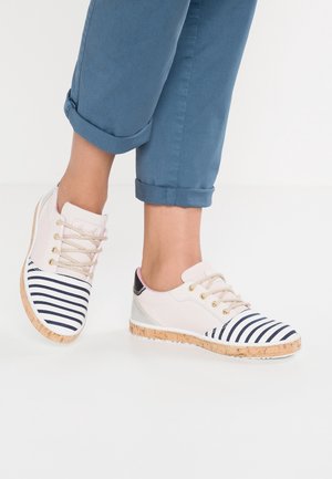 Pieds portant des chaussures blanches à lacets avec des rayures bleu marine sur les orteils et des semelles en liège, associées à un pantalon bleu retroussé.