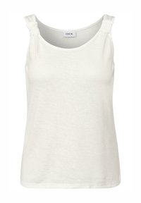 Débardeur blanc sans manches avec un col arrondi et un détail de nœud sur les bretelles. Fabriqué en tissu doux et léger.