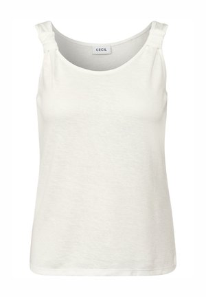 Camiseta sin mangas blanca con un escote redondeado y un detalle de nudo en los tirantes. Fabricada con una tela suave y ligera.