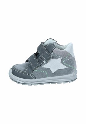 Gray and light gray toddler sneaker with white star detail, green stitching, and two adjustable Velcro straps on white sole.