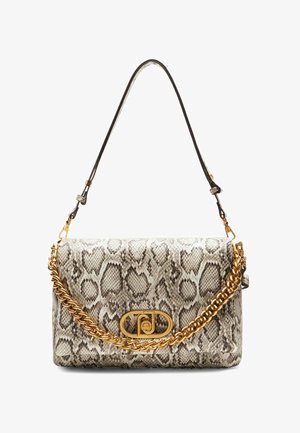 Snakeskin-patterned handbag in neutral tones, featuring a gold chain accent and a rectangular clasp. Dual shoulder strap for versatility.