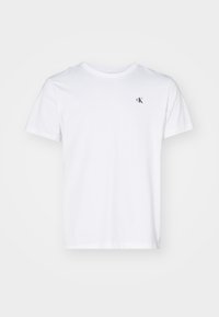 White cotton t-shirt with short sleeves, round neck, featuring a small black logo on the left chest area. Smooth texture.