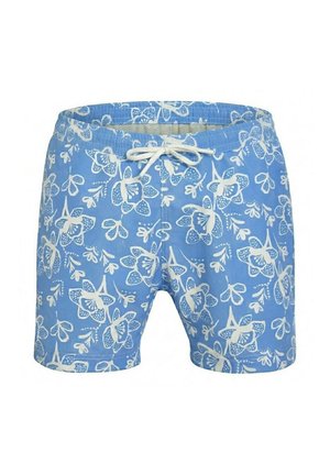 Short de bain bleu avec motif floral blanc et cordon de taille blanc, conçu pour un usage décontracté ou à la plage.