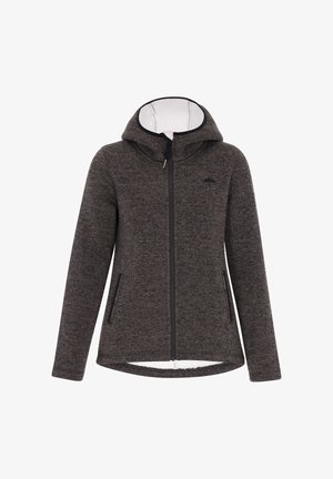 Dunkelgraue Fleecejacke mit Kapuze, ausgestattet mit einem durchgehenden Reißverschluss, zwei Seitentaschen und einem weichen weißen Futter. Dezentes strukturiertes Muster über die gesamte Jacke.