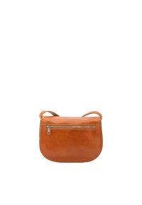 Borsa a tracolla in pelle marrone con texture liscia, forma curva e tasca frontale con zip. Presenta una sottile tracolla regolabile.
