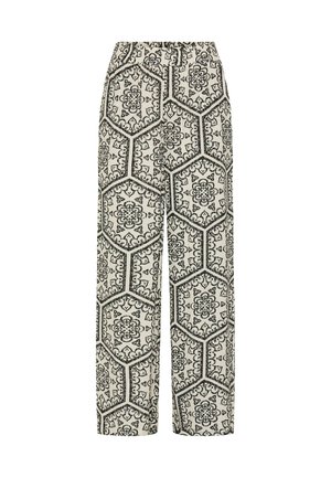 Pantaloni a gamba larga in tessuto color crema con motivo esagonale geometrico e floreale nero, dotati di una cintura elastica per il massimo comfort.