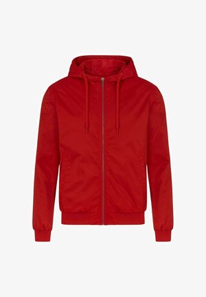 Giacca con cappuccio rossa con zip, coulisse, polsini elasticizzati e tasche frontali, mostrata su uno sfondo bianco.