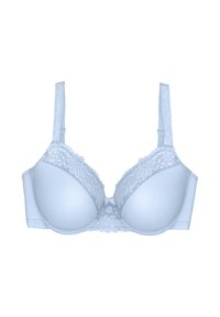 Vaaleansininen rintaliivit, joissa on pehmustetut kupit, pitsikoristelut yläreunoissa, säädettävät olkaimet ja keskellä kukkakuvio.