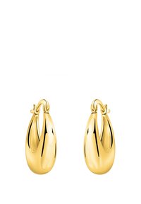 Orecchini a cerchio in oro con una forma a goccia arrotondata, finitura lucida e un design distintivo con chiusura attorcigliata.