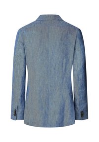 Niebieska kurtka przypominająca dżins, o slim fit, z klapami i pięcioma guzikami na mankietach. Gładka faktura i lekki materiał.