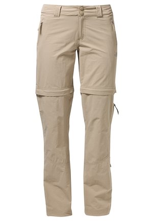 Beige convertible pants with zip-off legs, button and zip closure, belt loops, and front zippered pockets.