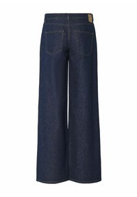 Dark denim wide-leg jeans with a high waist, featuring two back pockets and a brown leather tag at the waist.