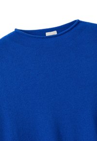 Blauwe gebreide trui met een ronde hals en fijne textuur, met een effen kleur zonder patronen of extra accenten.