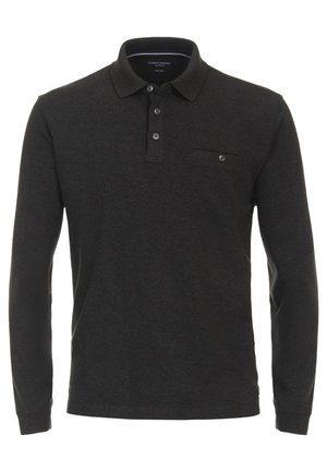 Dunkelgraues Langarm-Polohemd aus Baumwolle mit einem Knopfkraagen, drei vorderen Knöpfen und einer kleinen Brusttasche.