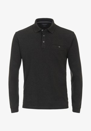 Polo à manches longues de couleur gris foncé, en coton, avec un col boutonné, trois boutons à l'avant et une petite poche sur la poitrine.