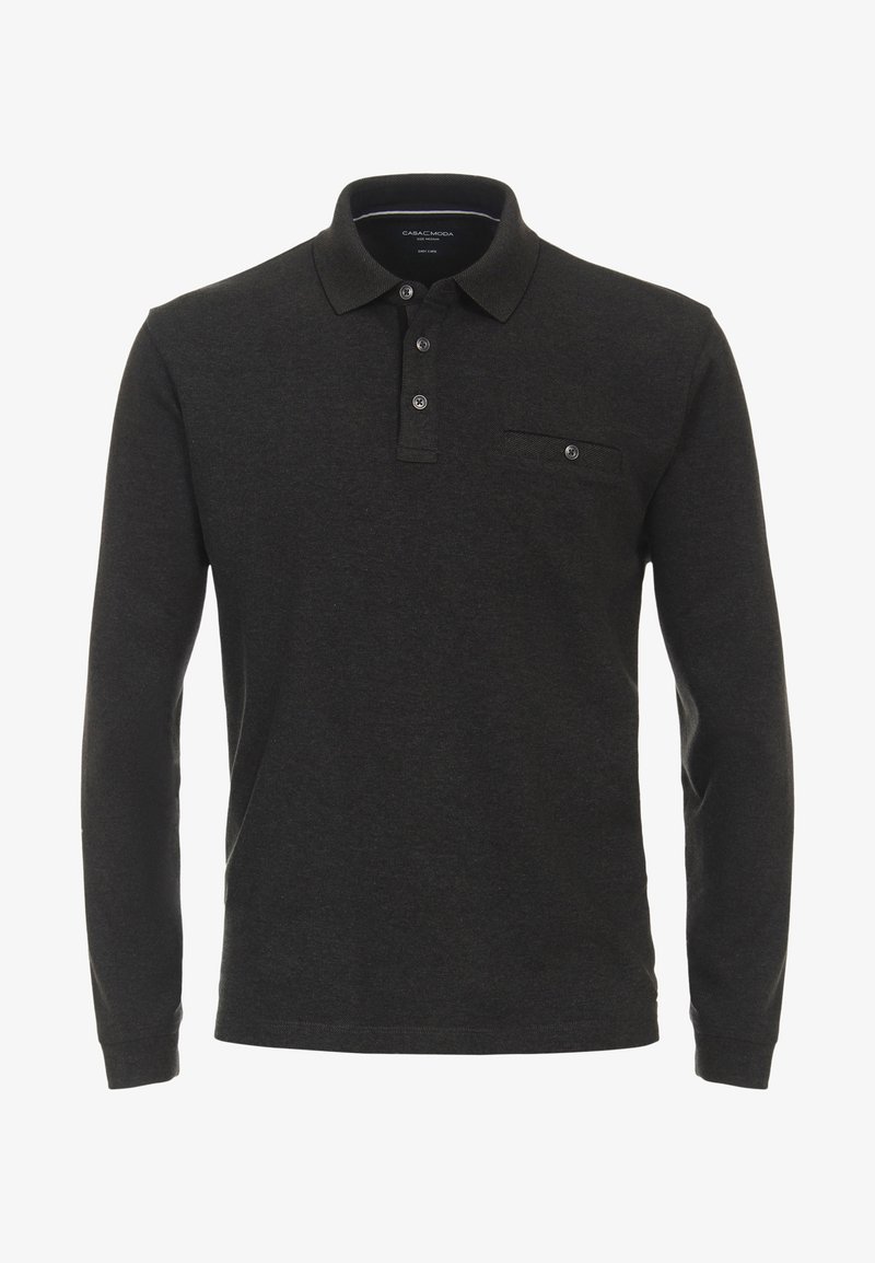 Dunkelgraues Langarm-Polohemd aus Baumwolle mit einem Knopfkraagen, drei vorderen Knöpfen und einer kleinen Brusttasche.