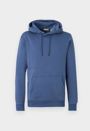Sweat à capuche en coton bleu avec cordon de serrage à la capuche, poche kangourou à l'avant et poignets côtelés. Texture lisse avec un design simple et uni.