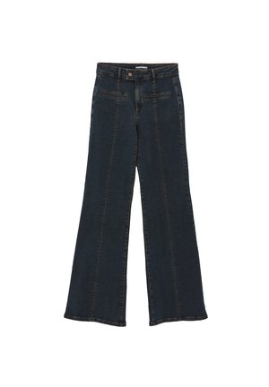 Pantalons en denim foncé à jambes larges avec une taille haute, dotés de deux poches avant et de coutures verticales pour un design amélioré.