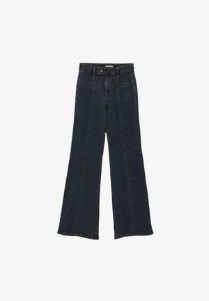 Dark denim wide-leg pants with a high waist, featuring two front pockets and vertical seam detailing for enhanced design.