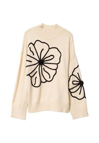 Maglione color crema con colletto e polsini a costine. Presenta un grande ricamo floreale nero sulla parte anteriore e sulle maniche, realizzato in un tessuto morbido.