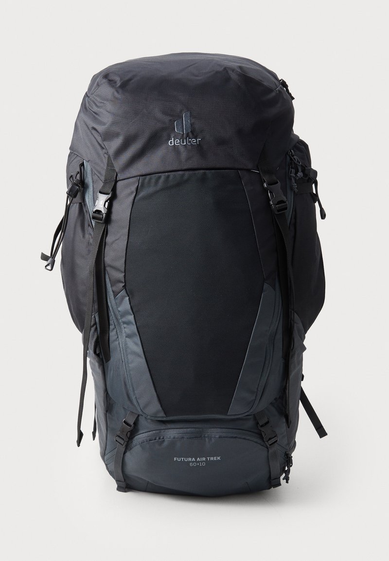 Black and gray backpack with a sleek design, featuring multiple compartments, adjustable straps, and a logo on the front. Textured fabric.